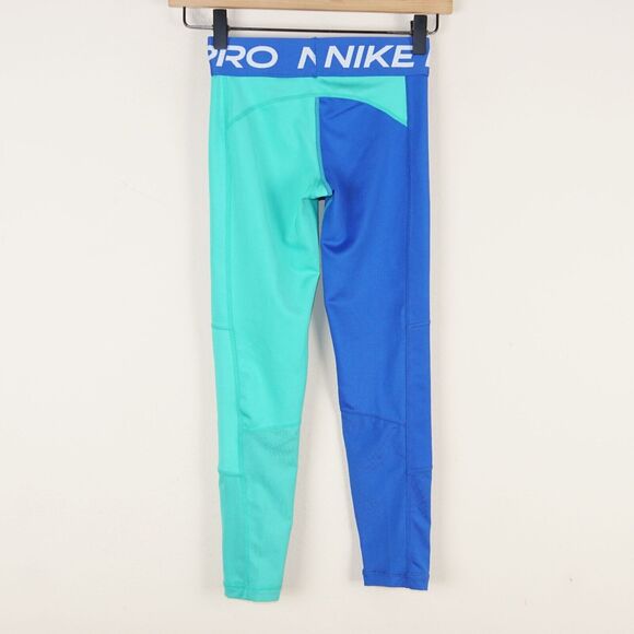 Nike Pro Dri Fit Teal Blue Green Contrast Older Kids Girls Leggings Sz S - Picture 2 of 9